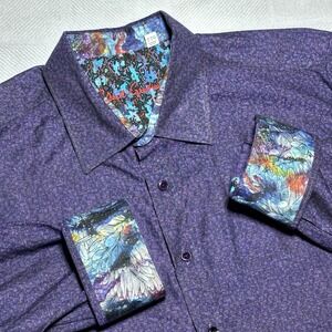 Robert Graham Button Up Shirt Mens 2XL Purple Micro Geometric Floral Flip Cuffs